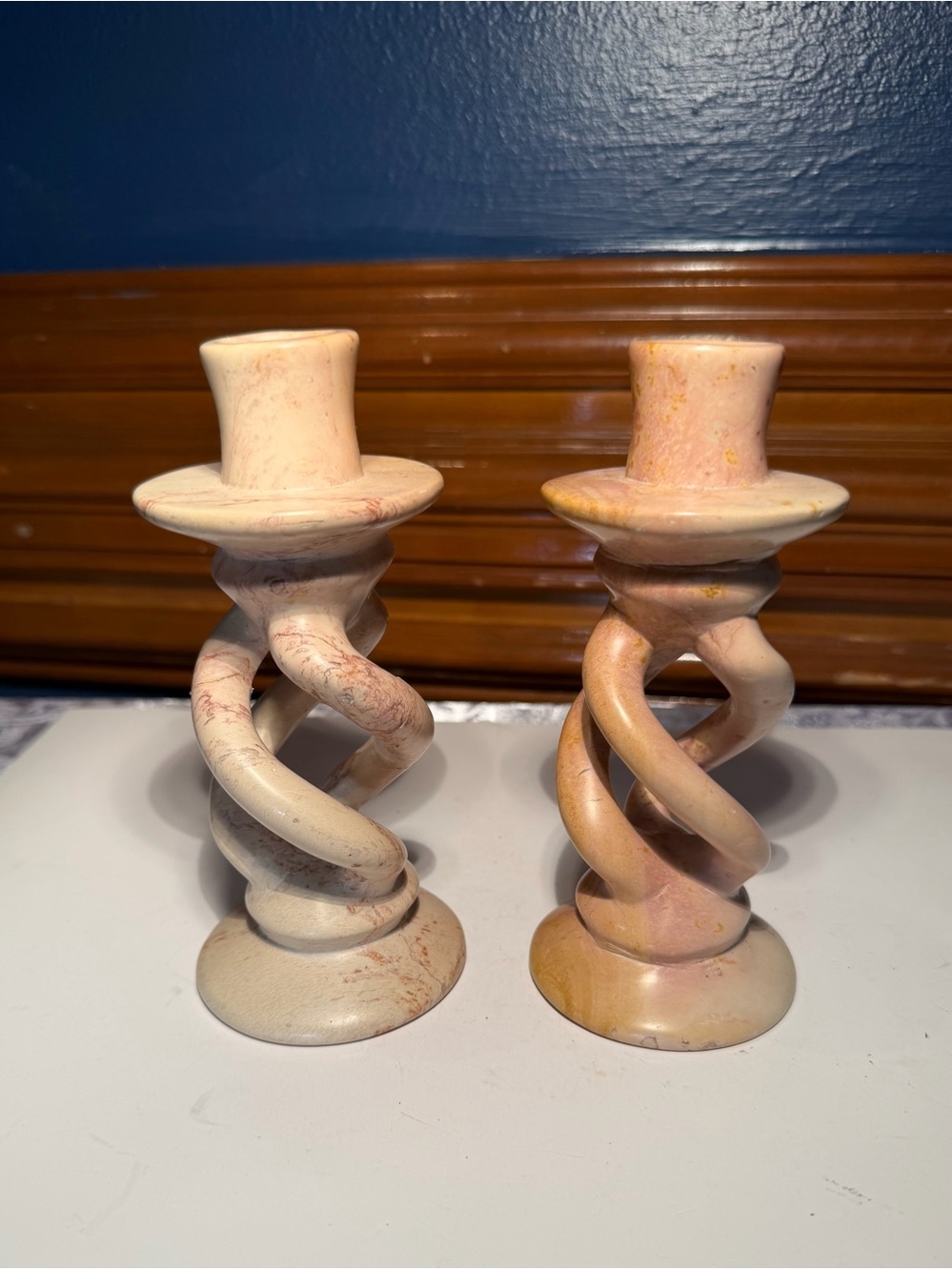 Pair of Pink Soapstone Candle Holders Carved Spiral Stem Design